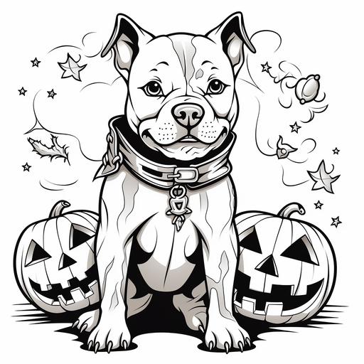 coloring pages for kids,happy pitbull dog dressed in halloween costumes, cartoon style, thick lines, low detail, black and white, no shading--ar 85:110