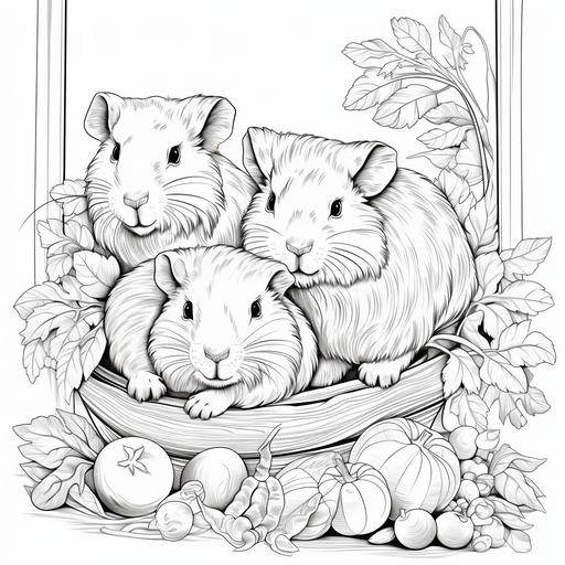 coloring pages in a4 size, white background and black lines, guinea pigs eating at the table, lots of vegetables (carrots, calat, cucumbers, peppers)