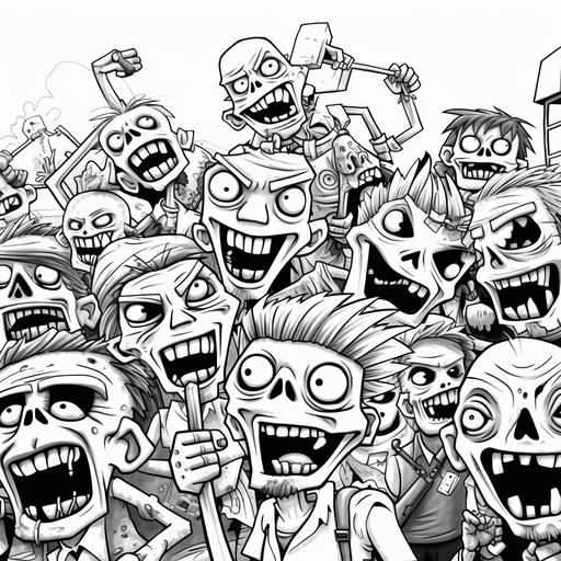 coloring pages kids,hordes of zombies,cartoon style,think lines,low detail,black and white,no shading,--ar85:110