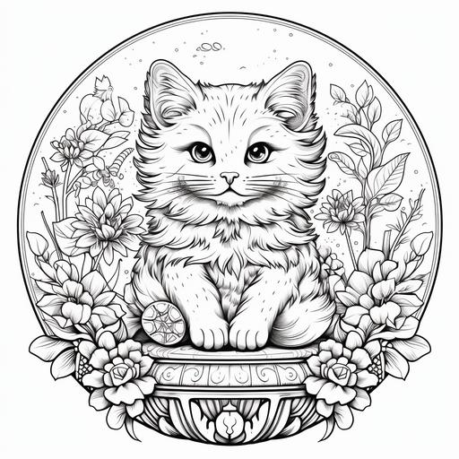 coloring pages mandala style, 70s cartoon style, kitty playing