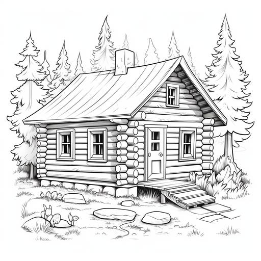 coloring pages of cabin,cartoon style,no shading,no color,thick line,low detail