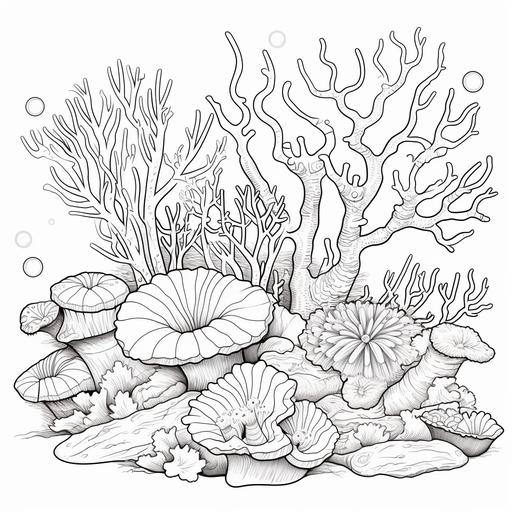 coloring pages of corals,cartoon style,no shading,no color,thick line,low detail
