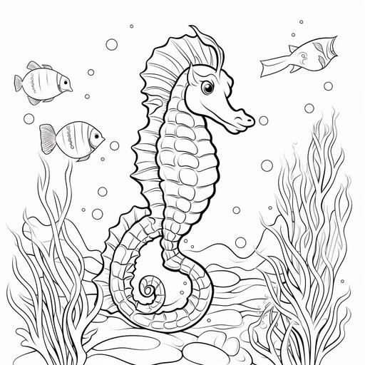 coloring pages of sea horse,cartoon style,no shading,no color,thick line,low detail