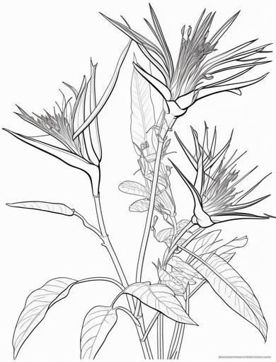 coloring pages, simple, bird of paradise flowers, drawing, outline, black and white, thick line, hyper detailed, --v 4 --ar 9:12 --no shading or border