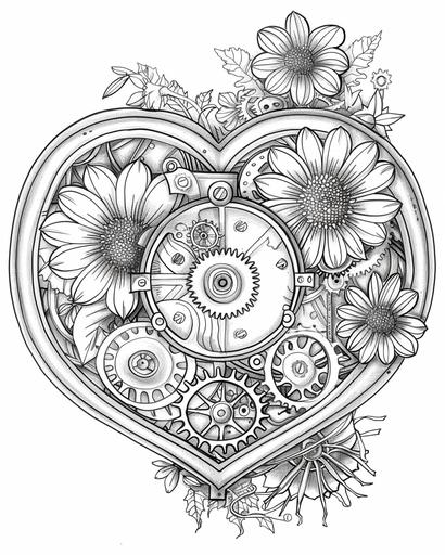 coloring pages thin lines no shading a steampunk heart with gears and flowers --ar 4:5
