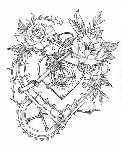 coloring pages thin lines no shading a steampunk heart with numbers and flowers --ar 4:5