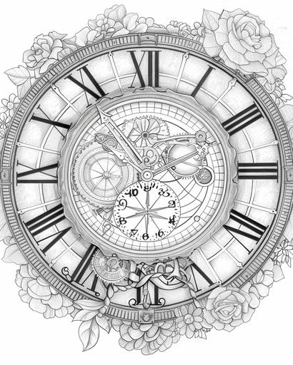 coloring pages thin lines no shading a steampunk heart with numbers and flowers --ar 4:5