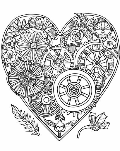 coloring pages thin lines no shading a steampunk heart with gears and flowers --ar 4:5
