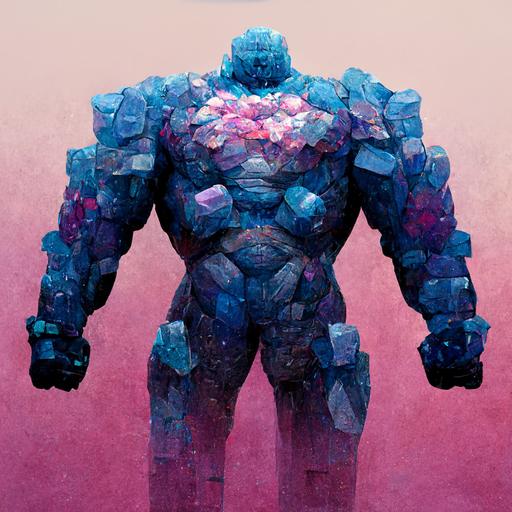 colossus made of stone, humanoid, monster, juggernaut, bulky frame, muscular, pink and blue irridescent crystals on its shoulders, character,