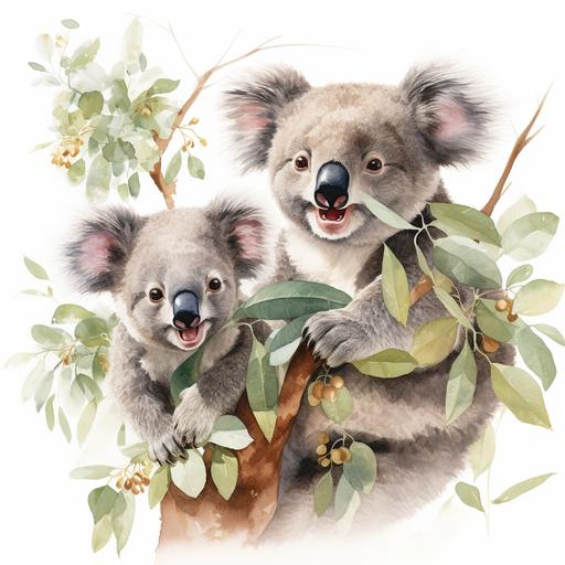 colour Portrait style of koala bears in a gum tree smiling with white background