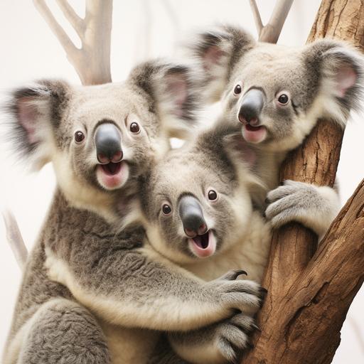 colour Portrait style of koala bears in a gum tree smiling with white background