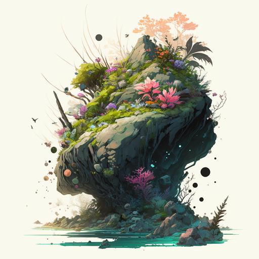 colour line art of a big overgrown black obsidian rock covered with coral reef vegetation and anemones and exotic plants and flowers, roots, illustration, white background, single entity, one entity, centered image, high definition, detailed concept art, greg rutkowski, asher brown durand, renato mucillo, shinkai makoto style, ross tran --v 4