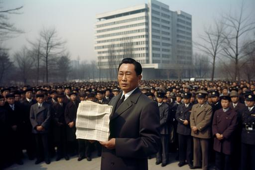 colour photo of South Korean President Park Chung hee standing outside talking to a large crowd in Seoul, hold a bundle of papers announcing the new constitution in the style of George Hurrell --ar 3:2 --v 5
