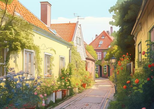 coloured pencil drawing, cartoon, roses and lush bushes urban landscape, 19th century cottages and low-rise houses, playful details --niji 5 --ar 7:5