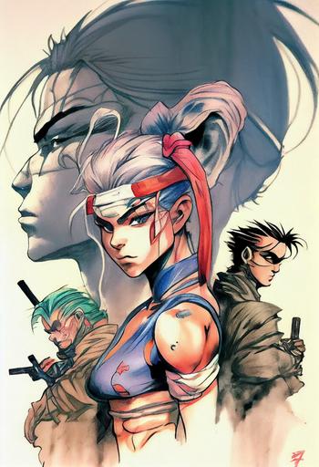 coloured tattoo sketch, composition, heads of three shounen ninja heroes and one shojo kitsume girl, style by hirohiko araki, smoke in the background --ar 2:3 --upbeta