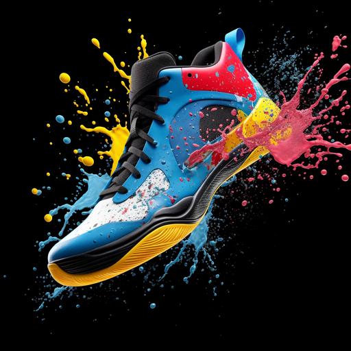 colourful, a logo with black, white, and blue basketball shoes that say splash footware, 8k, hyper-realistic