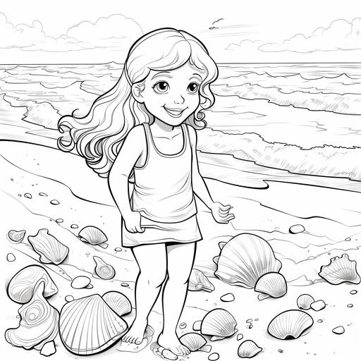 colouring book for kids,beach girl playing,with shells cartoon style,thick lines,low detail noshading for a 9*11