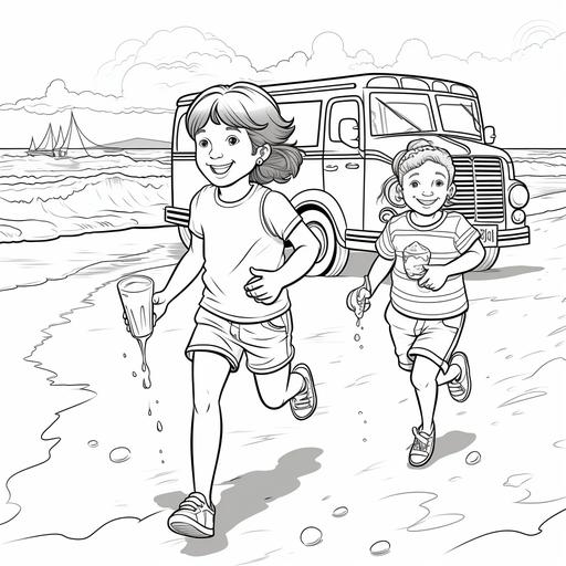 colouring book for kids,beach kids running to ice cream truck ,beach in the background, cartoon style,thick lines,low detail noshading for a 9*11