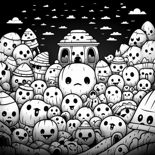 colouring book page, creepy kawaii adorable ghost and friends, random, low detail, fairytale, bold black lines, simple, zoom out, no colour, no shading