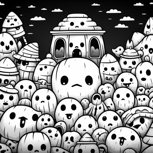 colouring book page, creepy kawaii adorable ghost and friends, random, low detail, fairytale, bold black lines, simple, zoom out, no colour, no shading