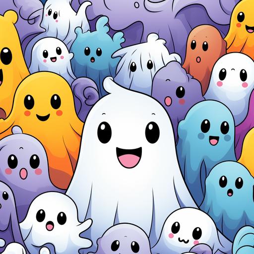 colouring book page, creepy kawaii adorable ghost and friends, random, low detail, fairytale, bold black lines, simple, zoom out, no colour, no shading