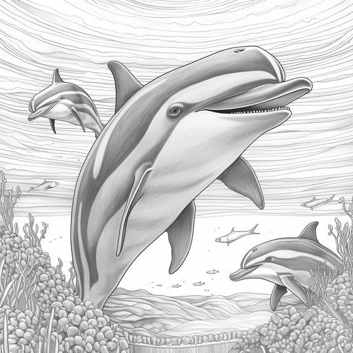 colouring book page of dolphines smiling for ages 3-7 seascape background page size 8.5x11 inches