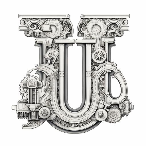 colouring in book design of the letter U in a cartoon mechanical design