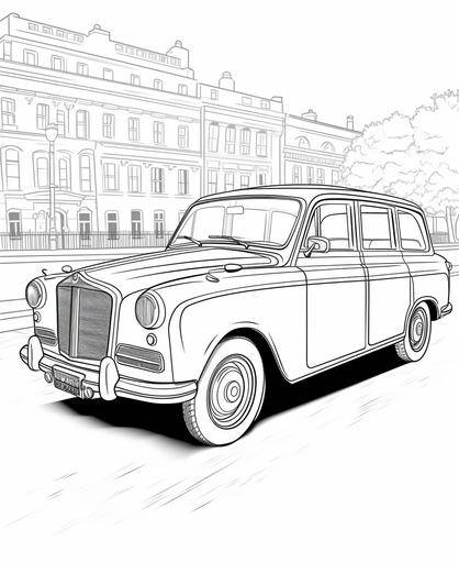 colouring in picture of a taxi, cartoon, no shading, thick lines, low detail, --ar 9:11