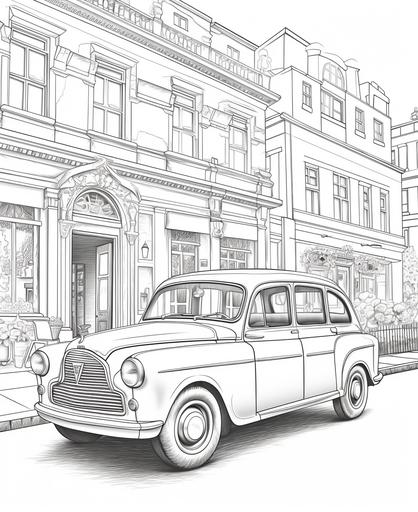 colouring in picture of a taxi, cartoon, no shading, thick lines, low detail, --ar 9:11