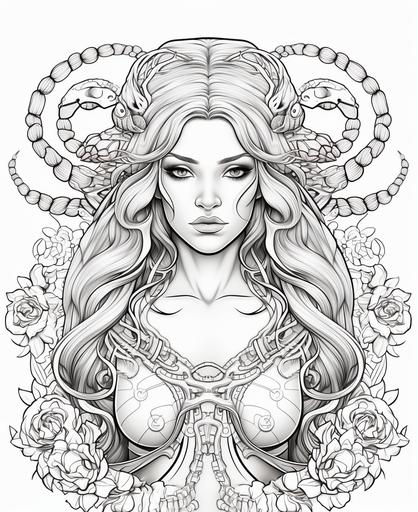colouring page for adults, Scorpio zodiac sign woman, no flowers, straight hair, scorpion animal behind, cartoon style, thick lines, a lot of details, no shading --ar 9:11
