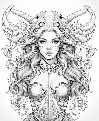 colouring page for adults, Scorpio zodiac sign woman, no flowers, straight hair, scorpion animal behind, cartoon style, thick lines, a lot of details, no shading --ar 9:11