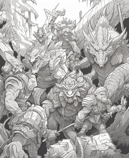 colouring page for adults, cartoon style, Monster hunter monsters from capcom fighting, thick lines, black and white only, low detail, no shading, --ar 9:11 --v 5