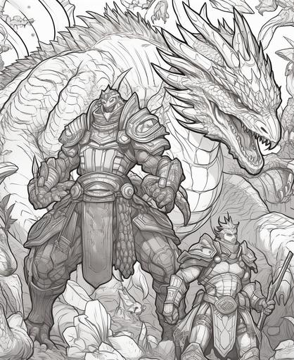 colouring page for adults, cartoon style, Monster hunter monsters from capcom fighting, thick lines, black and white only, low detail, no shading, --ar 9:11 --v 5