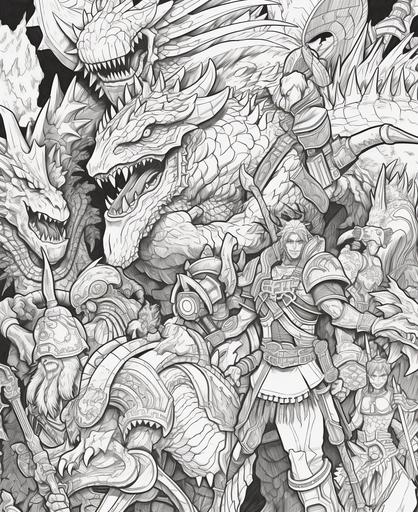 colouring page for adults, cartoon style, Monster hunter monsters from capcom fighting, thick lines, black and white only, low detail, no shading, --ar 9:11 --v 5