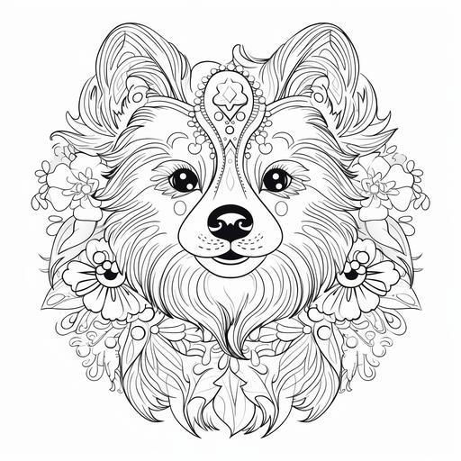 colouring page for adults, spitz dog, clean line art, mandala