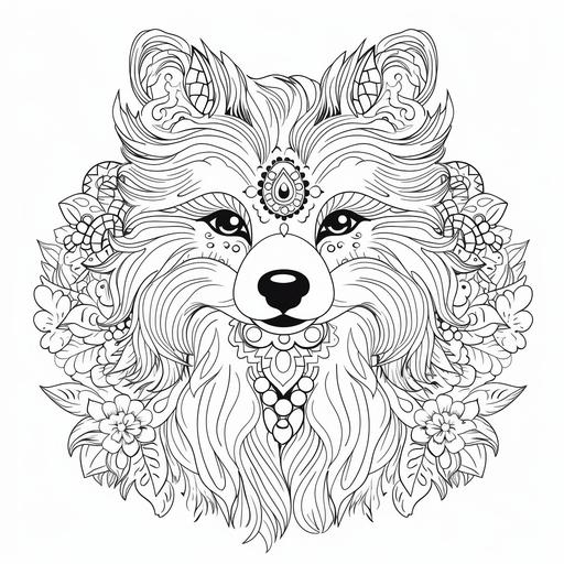 colouring page for adults, spitz dog, clean line art, mandala