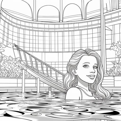 colouring page for kids, Barbie in the pool ,cartoon style, thick lines, low details, absolutely no shading-- ar 9:11--v 5
