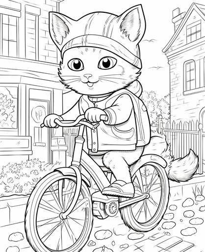 colouring page for kids, Cat on a bike in Paris, cartoon style, Thick lines, Low Detail, no shading --ar 9:11