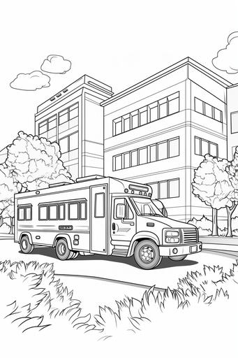 colouring page for kids, ambulance outside a hospital, cartoon style, low details, black and white, no shading, thick pencil line --ar 2:3