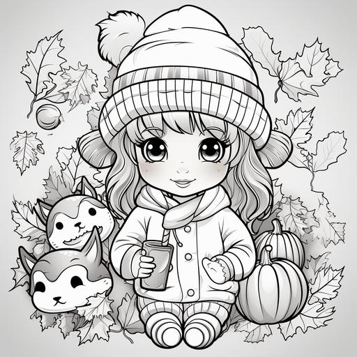 colouring page for kids, autumn/fall, pumpkins leaves acorns pinecones conker, cartoon girl wearing oversized hoodie black and white, no shading, low detail,-ar 9:11