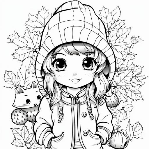 colouring page for kids, autumn/fall, pumpkins leaves acorns pinecones conker, cartoon girl wearing oversized hoodie black and white, no shading, low detail,-ar 9:11