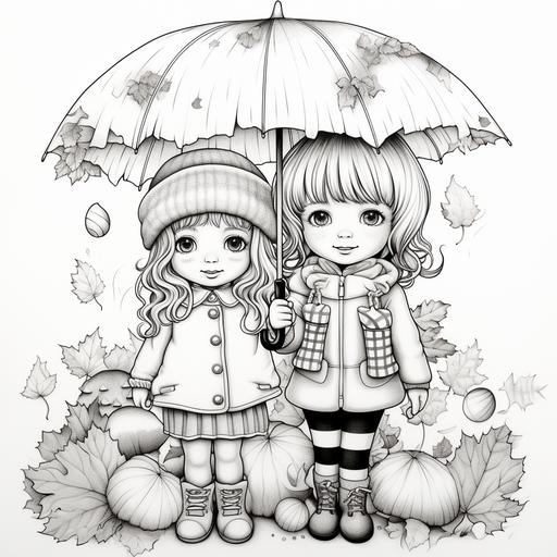 colouring page for kids, autumn/fall, pumpkins leaves acorns pinecones conker, cartoon girl and boy with umbrella, black and white, no shading, low detail,-ar 9:11 - @Thaseem (fast)