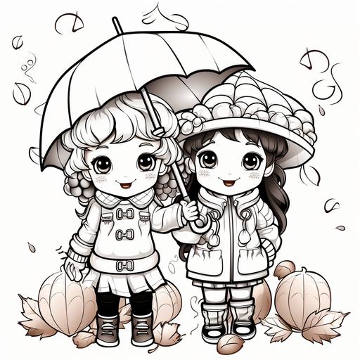 colouring page for kids, autumn/fall, pumpkins leaves acorns pinecones conker, cartoon girl and boy with umbrella, black and white, no shading, low detail,-ar 9:11 - @Thaseem (fast)