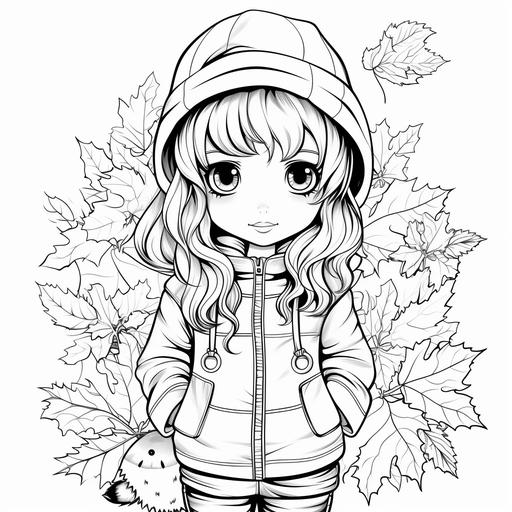 colouring page for kids, autumn/fall, pumpkins leaves acorns pinecones conker, cartoon girl wearing oversized hoodie black and white, no shading, low detail,-ar 9:11
