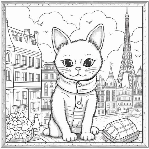 colouring page for kids, funny cat in paris, cartoon style, thick lines, low details, no shading, 9:11