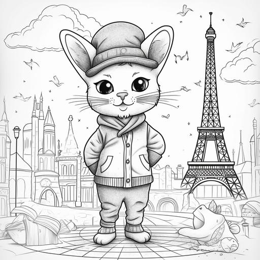 colouring page for kids, funny cat in paris, cartoon style, thick lines, low details, no shading, 9:11
