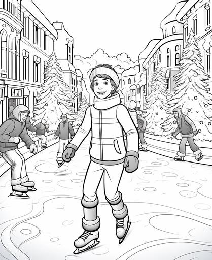 colouring page for kids, ice skating at christmas, cartoon style, thick lines, low detail, no shading, no shadowing, no colour --ar 9:11