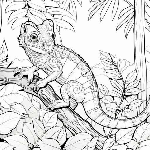 colouring page for kids specially for 3 to 5 year olds, a simple jungle with a cute chameleon, cartoon style, thick lines, low details, no shades, make the lines more defined, 9:11