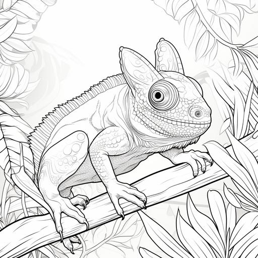 colouring page for kids specially for 3 to 5 year olds, a simple jungle with a cute chameleon, cartoon style, thick lines, low details, no shades, make the lines more defined, 9:11