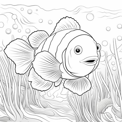 colouring page for kids,cartoon style clown fish in ocean ,thicklines,low detail, no shading--ar 9:11
